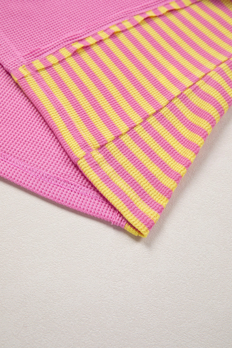 Load image into Gallery viewer, DLLS460 - Ladies Bright Pink Waffle Textured Contrast Striped Patchwork Loose T Shirt
