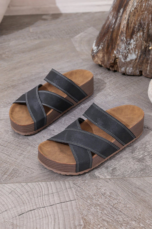 DLLSHOE 66  - Color Black Contrast Stitch Crossed Band Retro Platform Slippers