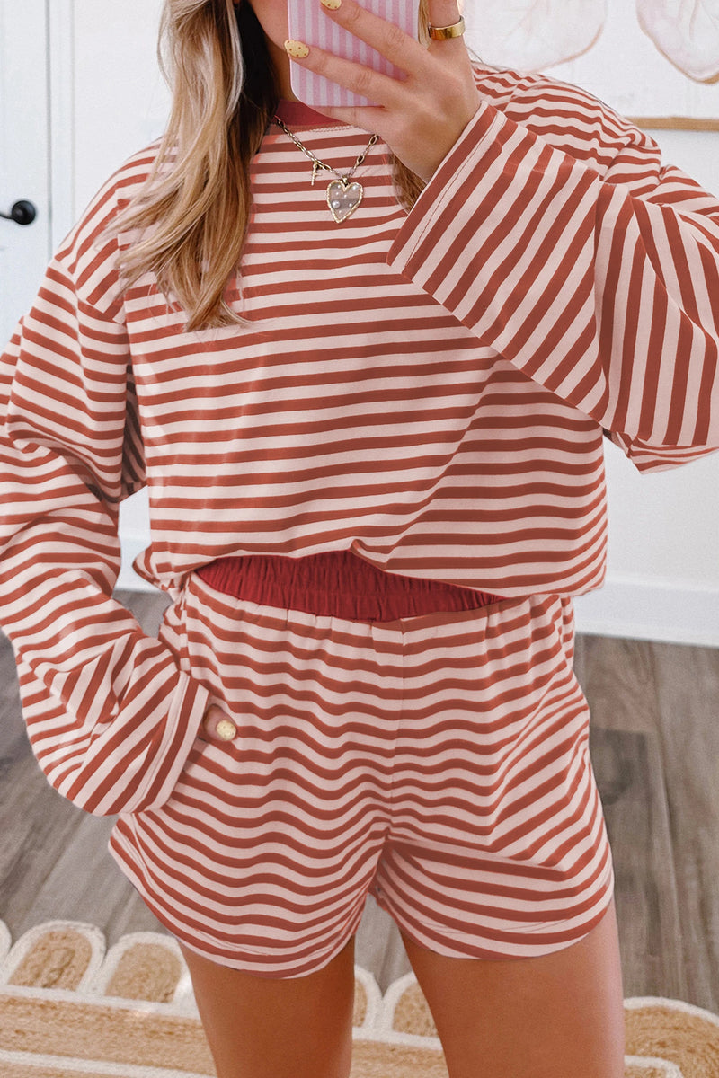 Load image into Gallery viewer, DLLS767 - Ladies Brown Stripe Long Sleeve Top Contrast Elastic Waistband Short Set
