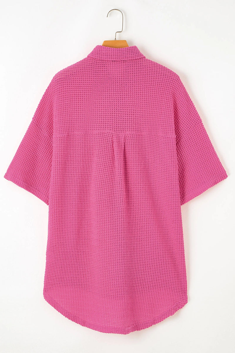 Load image into Gallery viewer, DLLS545 - Ladies Bright Pink Waffle Textured Knit Button Down Short Sleeve Shacket
