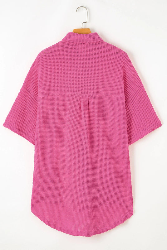 DLLS545 - Ladies Bright Pink Waffle Textured Knit Button Down Short Sleeve Shacket