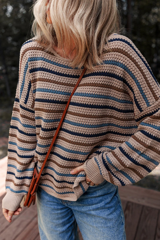 DLLS185 - Ladies Multicolour Striped Knitted Drop Shoulder Round Neck Sweater