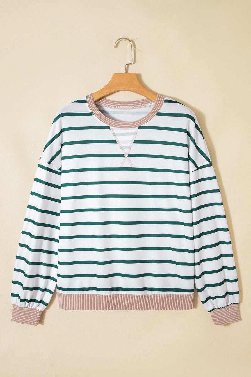 Load image into Gallery viewer, DLLS405 - Ladies White Stripe Twisted Ribbed Patchwork Drop Shoulder Round Neck Sweatshirt
