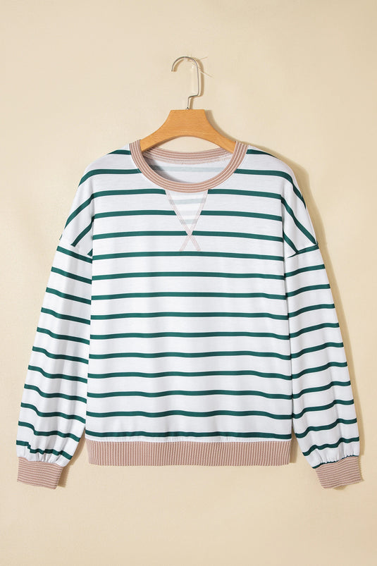 DLLS405 - Ladies White Stripe Twisted Ribbed Patchwork Drop Shoulder Round Neck Sweatshirt