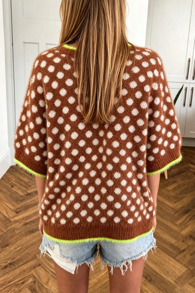Load image into Gallery viewer, DLLS1079 - Ladies Coffee Polka Dot Contrast Trim Round Neck Half Sleeve Sweater
