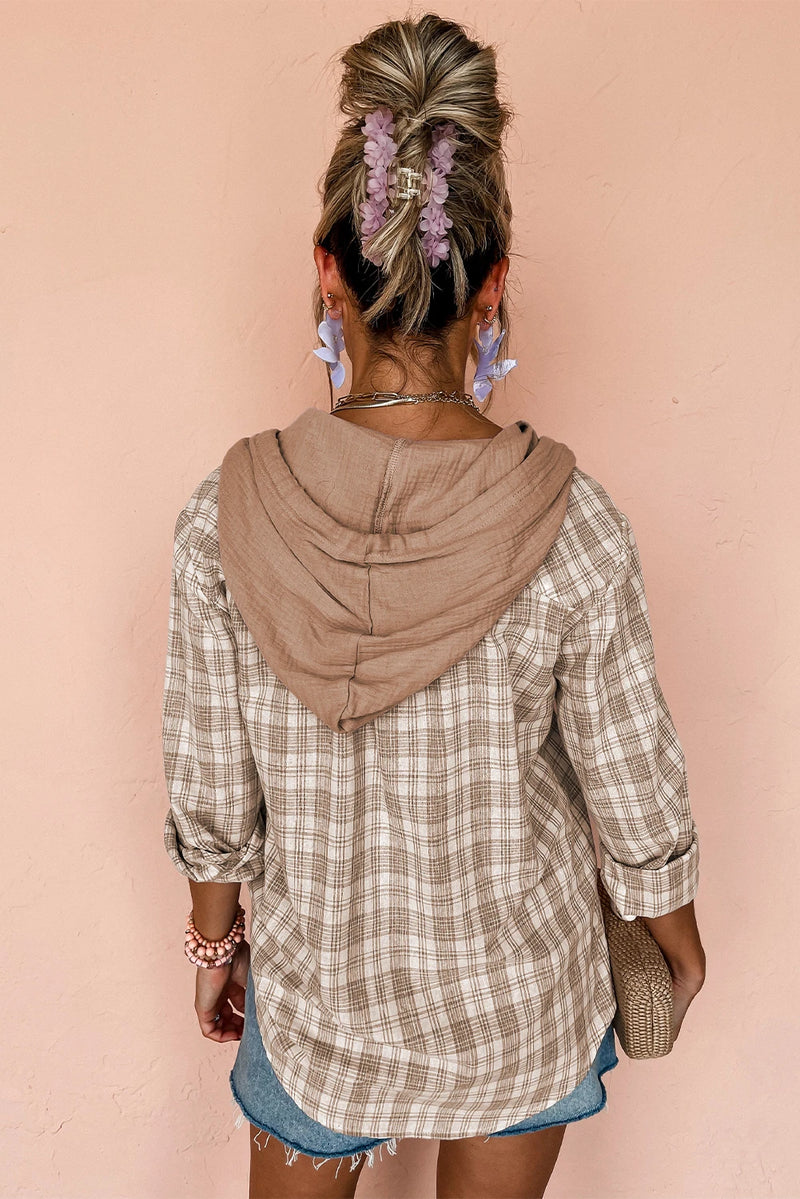 Load image into Gallery viewer, DLLS905 - Ladies Khaki Checkered Print Loose Fit Buttoned Hooded Shacket

