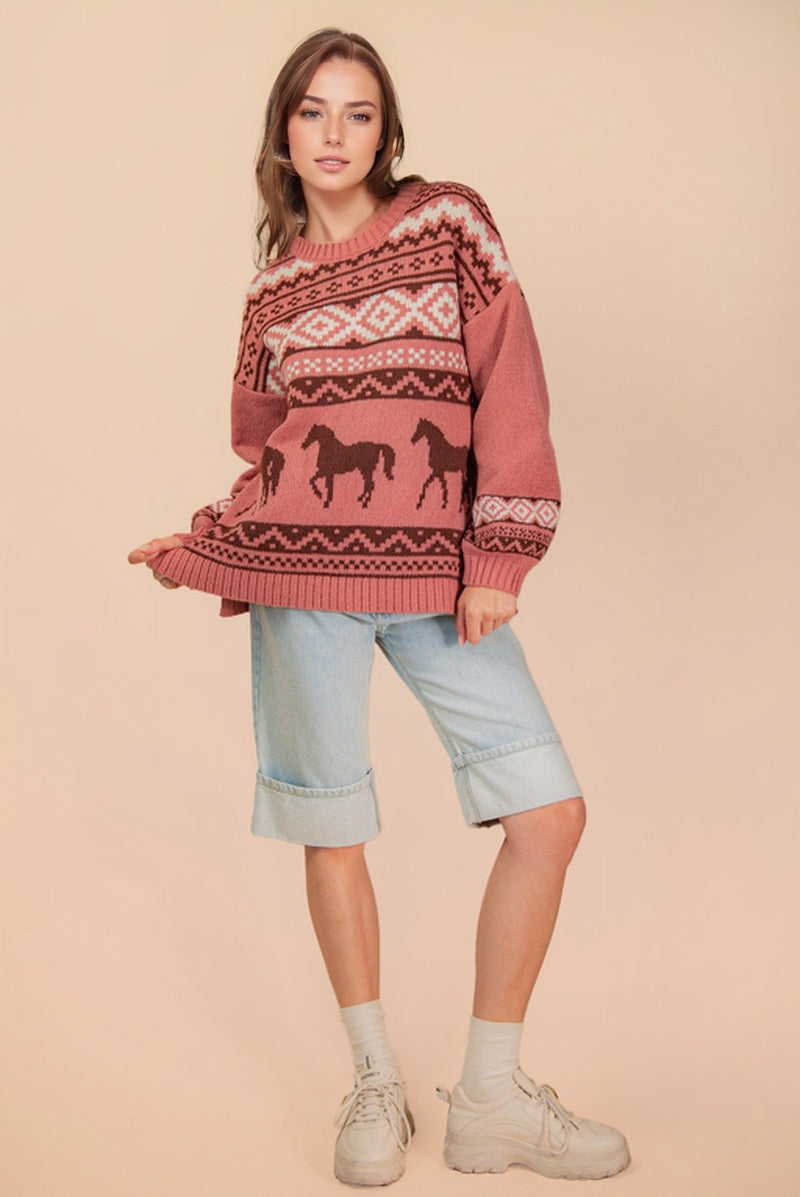 Load image into Gallery viewer, Very 15 -  Ladies Western Graphic Oversized Knit Sweater Top
