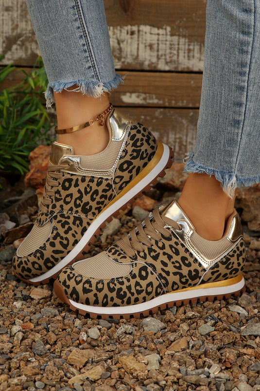 DLLSHOE 143 - Coffee Leopard Faux Suede Mixed Patchwork Lace Up Sneakers