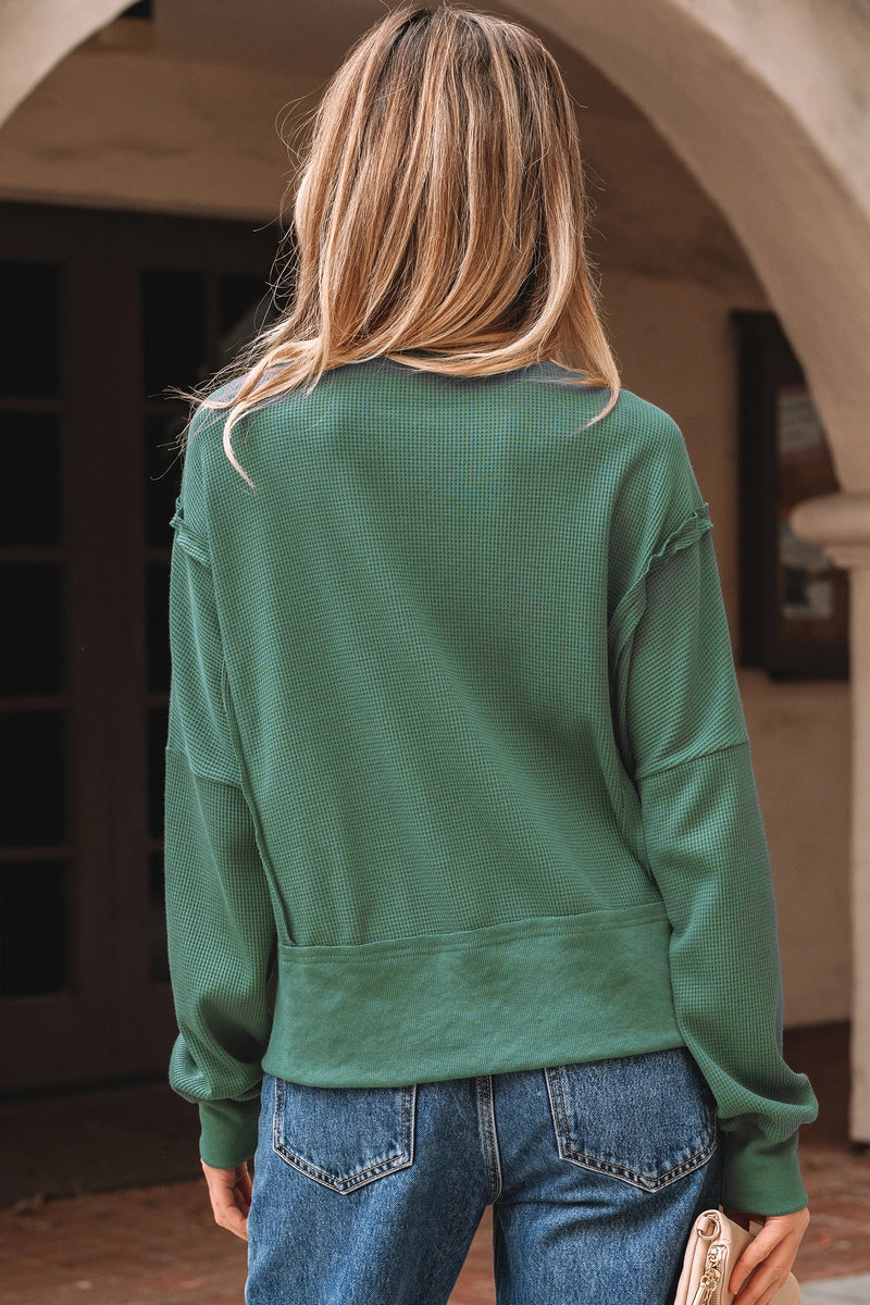 Load image into Gallery viewer, DLLS333 - Ladies Evergreen Solid Color Raw Seam Patchwork Textured Drop Shoulder Sweatshirt
