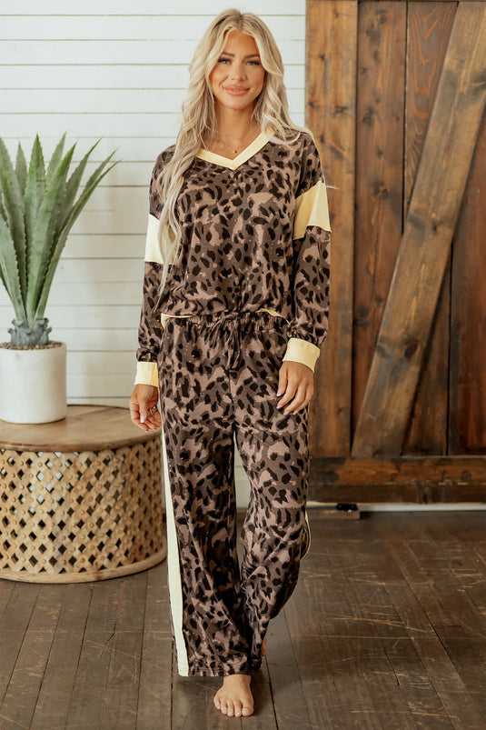 DLLS1086 - Ladies Brown Leopard Print Long Sleeve V-Neck Wide Leg Pant Set