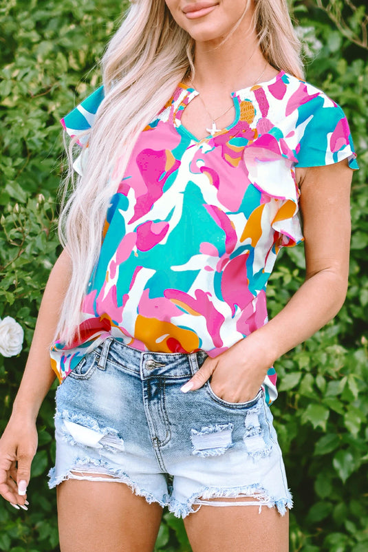 DLLS568 - Ladies Multicolor Abstract Print Notched Neck Flutter Sleeve Blouse