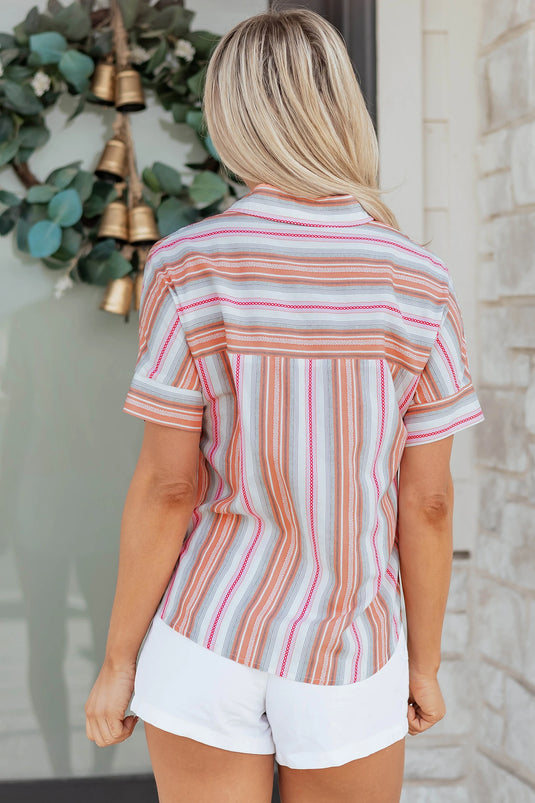 DLLS519 - Ladies Pink Stripe Button up Short Sleeve Shirt