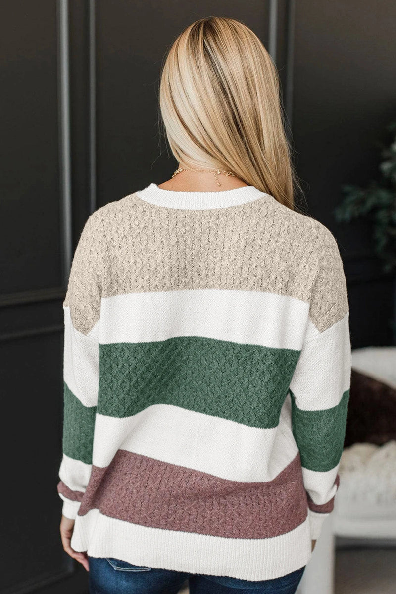 Load image into Gallery viewer, DLLS336 - Ladies Green Mixed Texture Knit Striped Color Block Loose Sweater
