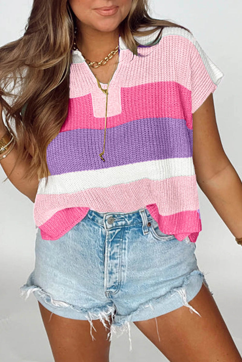 Load image into Gallery viewer, DLLS457 - Ladies Pink Color Block Notch V Neck Sweater T-Shirt
