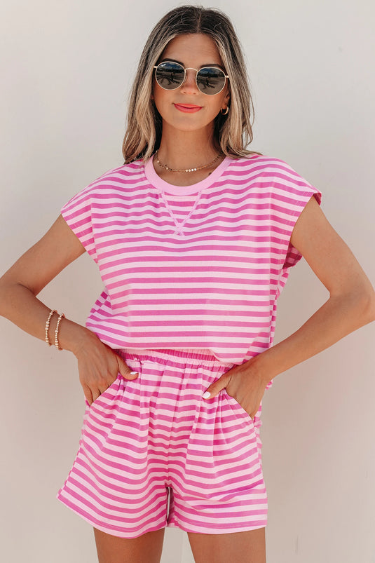 DLLS619 - Ladies Pink Stripe Cap Sleeve Tee Elastic Waist Shorts 2pcs Outfit