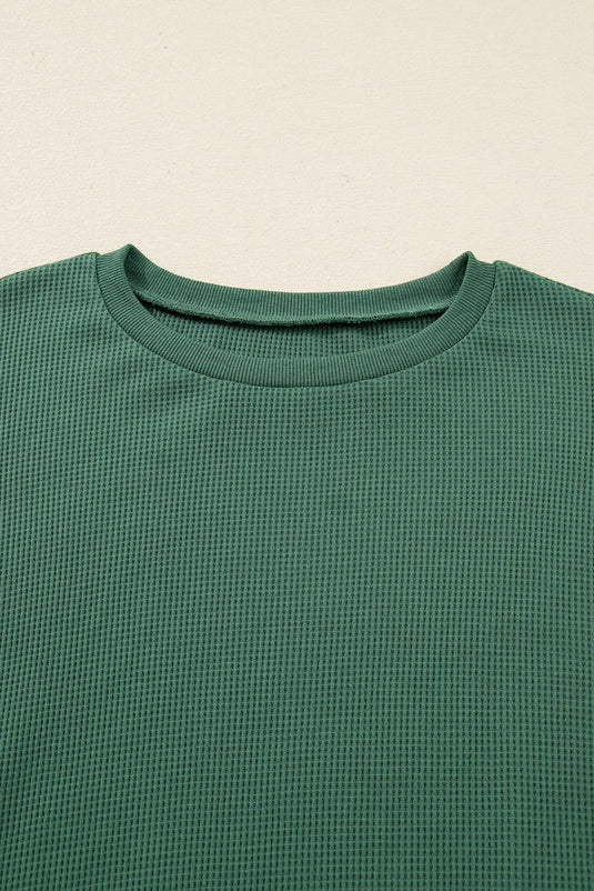 DLLS333 - Ladies Evergreen Solid Color Raw Seam Patchwork Textured Drop Shoulder Sweatshirt