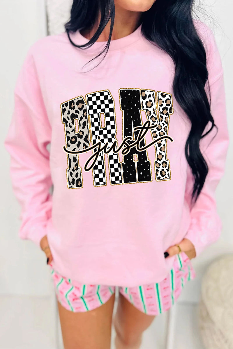 Load image into Gallery viewer, DLLS999 - Ladies Pink Just PRAY Unique Letter Graphic Round Neck Pullover Sweatshirt
