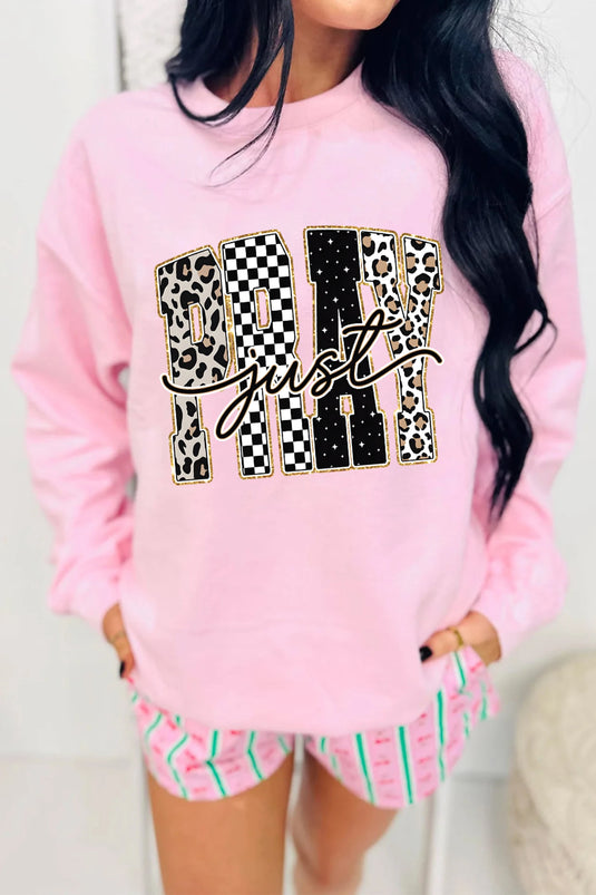 DLLS999 - Ladies Pink Just PRAY Unique Letter Graphic Round Neck Pullover Sweatshirt