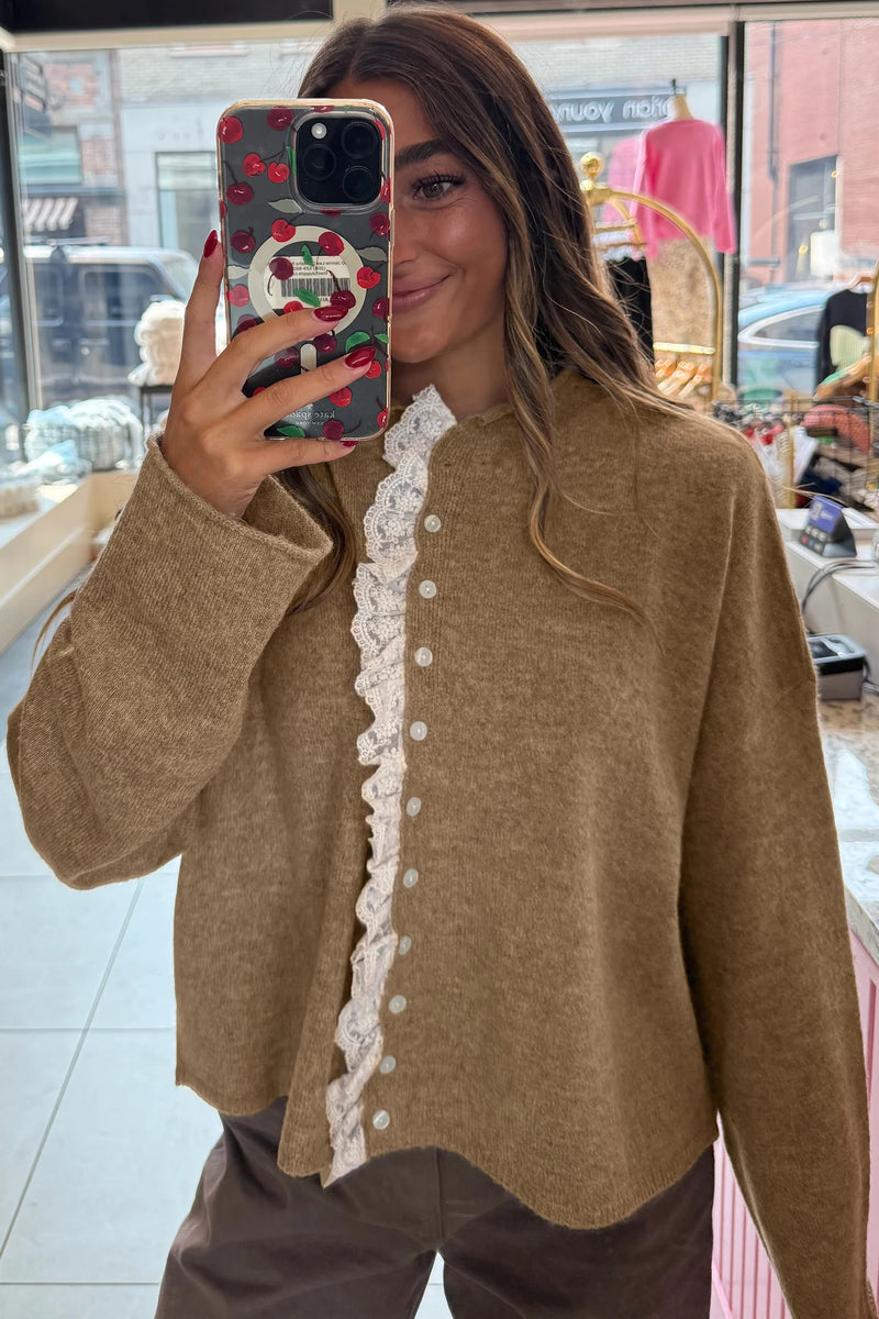 Load image into Gallery viewer, DLLS413 - Ladies Simply Taupe Contrast Frilled Lace Trim Loose Cardigan Sweater
