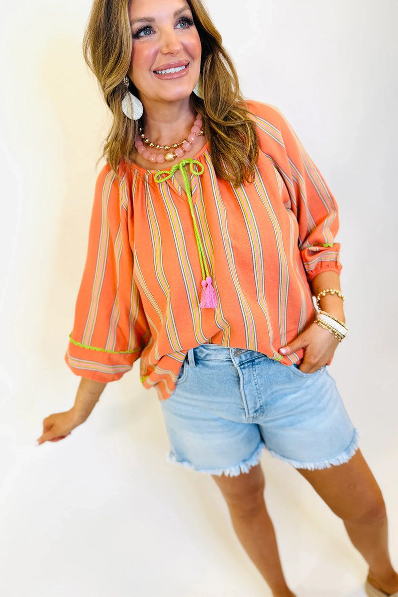 Load image into Gallery viewer, DLLS681 - Ladies Orange Striped Tie Neck Blouse Casual Shift Top
