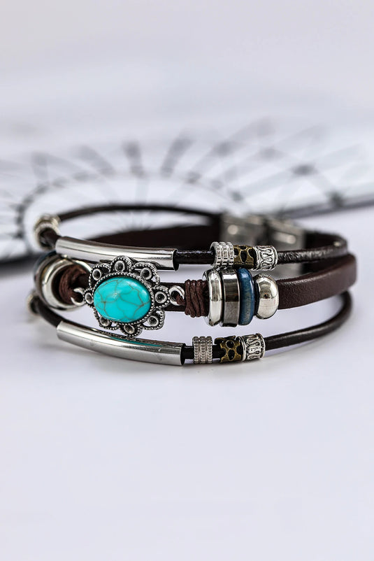 DLLBC 2 - Brown Turquoise Faux Leather Multi-layered Bracelet