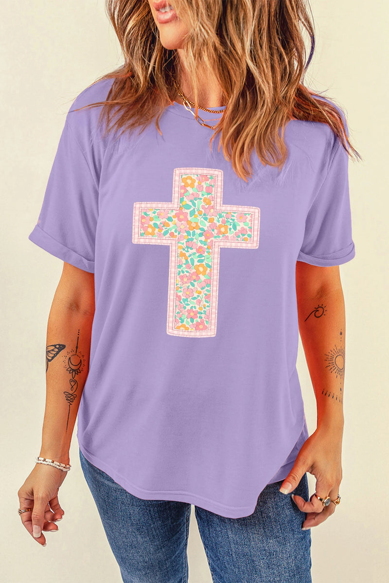 Load image into Gallery viewer, DLLS465 - Ladies Wisteria Easter Floral Cross Christian Casual Tee
