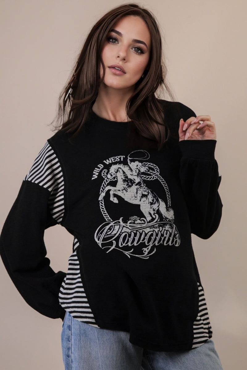 Load image into Gallery viewer, Very 12 - Ladies Oversized Mixed Media Western Graphic Knit Top
