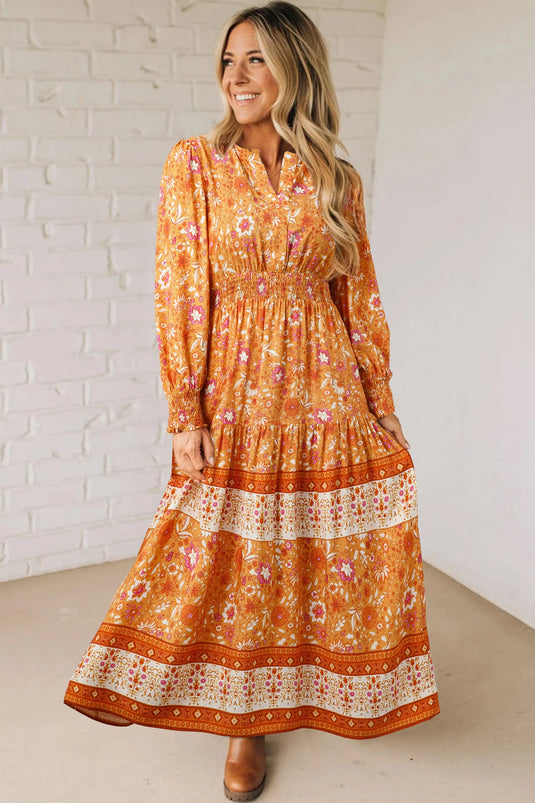 DLLS995 - Ladies Orange Floral Print Smocked Waist Long Sleeve Boho Maxi Dress