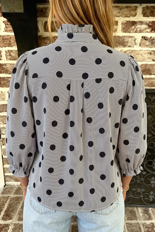 DLLS1138 - Ladies Black White Polka Dot Striped Print Ruffle 3/4 Sleeve Shift Shirt
