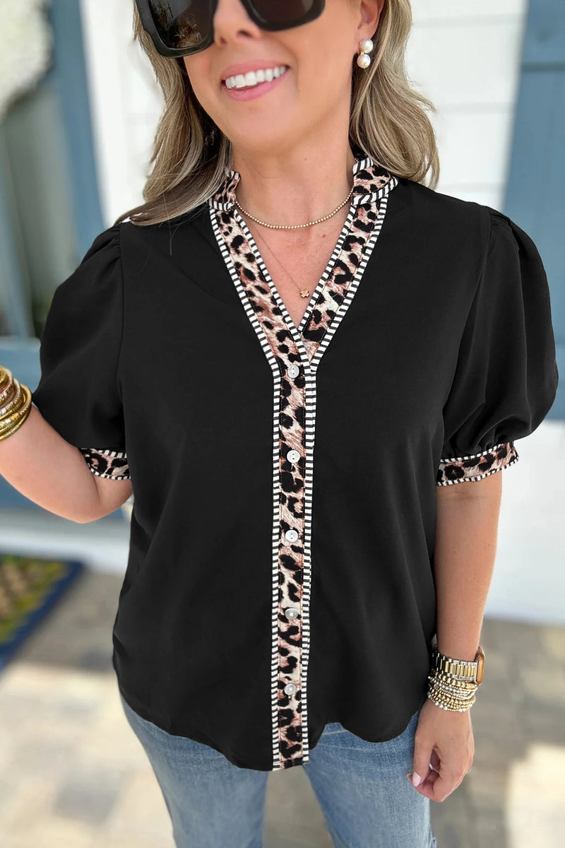 Load image into Gallery viewer, DLLS461 - Ladies Black V Neck Short Puff Sleeve Leopard Trim Button Down Shirt
