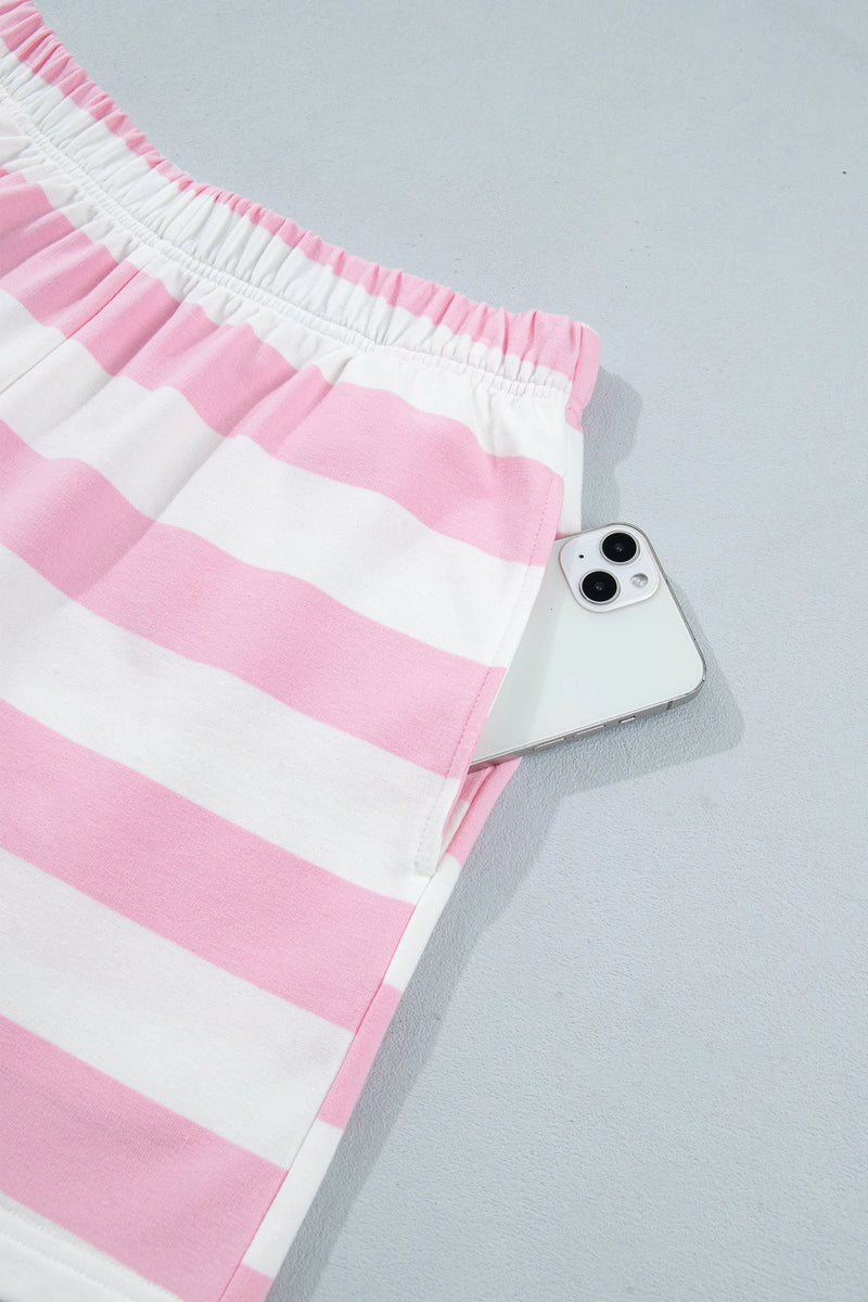 Load image into Gallery viewer, DLLS816 - Ladies Pink Stripe Patchwork Zipper Pullover Elastic Waist Shorts 2pcs Set
