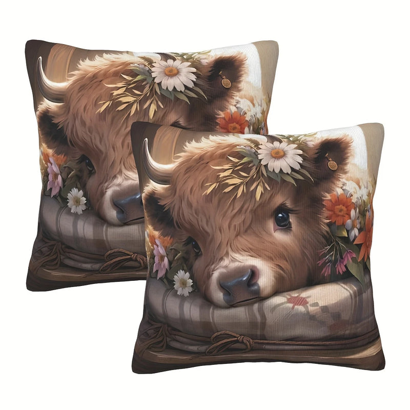 Load image into Gallery viewer, TMPL115 - 2 Piece Set - 18&quot; x 18&quot; Highland Cow &amp; Daisies Throw Pillows
