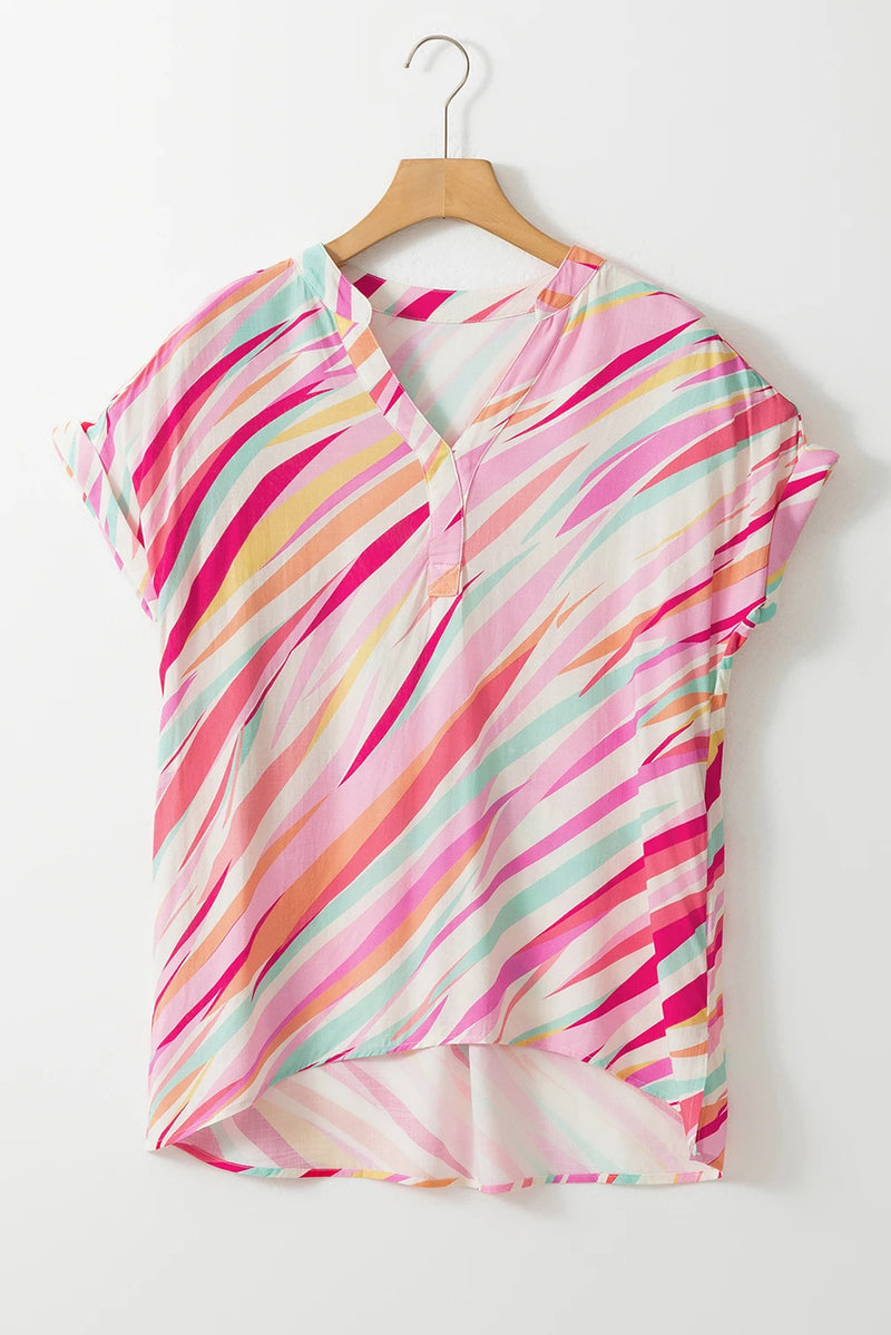 Load image into Gallery viewer, DLLS566 - Ladies Multicolor Abstract Print High Low Short Sleeve Blouse
