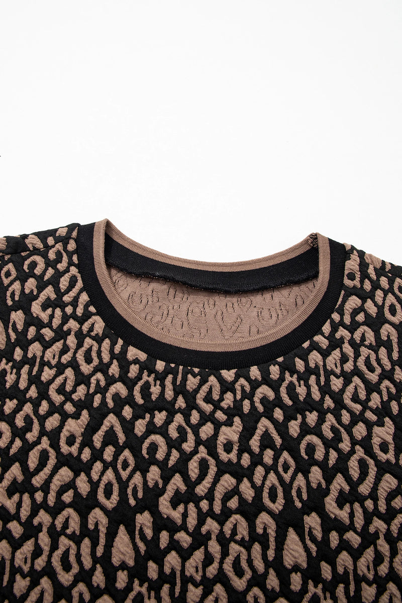 Load image into Gallery viewer, DLLS386- Ladies Black Leopard Print Puffy Bracelet Sleeve Contrast Trim Round Neck Top

