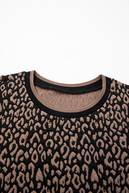 DLLS386- Ladies Black Leopard Print Puffy Bracelet Sleeve Contrast Trim Round Neck Top