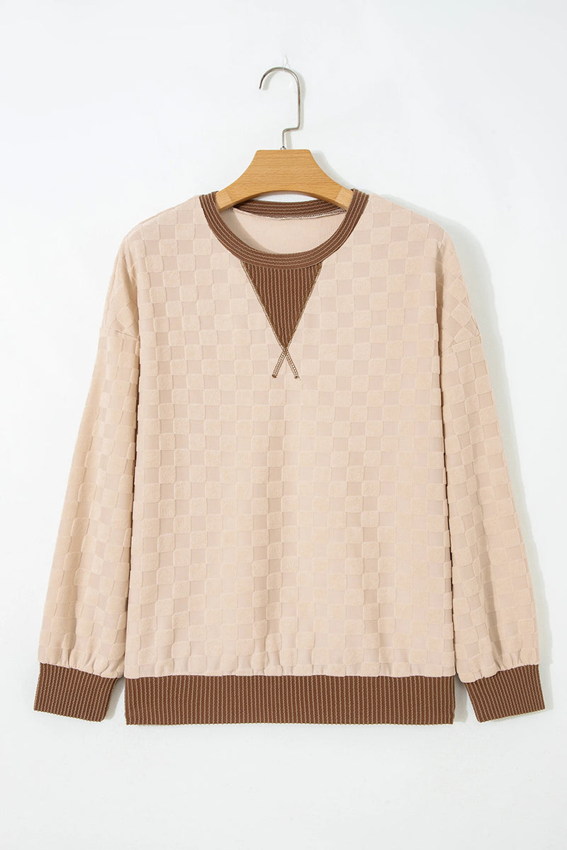 Load image into Gallery viewer, DLLS835 - Ladies Parchment Plush Checkered Contrast Twisted Rib Patchwork Blouse
