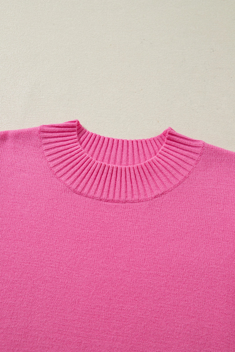 Load image into Gallery viewer, DLLS579 - Ladies Pink Solid Color Ribbed Trim Round Neck Ruffle Short Sleeve Sweater
