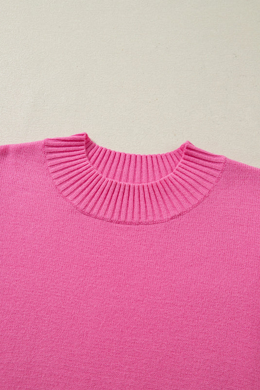 DLLS579 - Ladies Pink Solid Color Ribbed Trim Round Neck Ruffle Short Sleeve Sweater