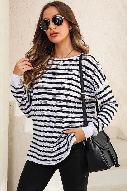 DLLS265 - Ladies White Striped Knit Split Hem Baggy Sweater