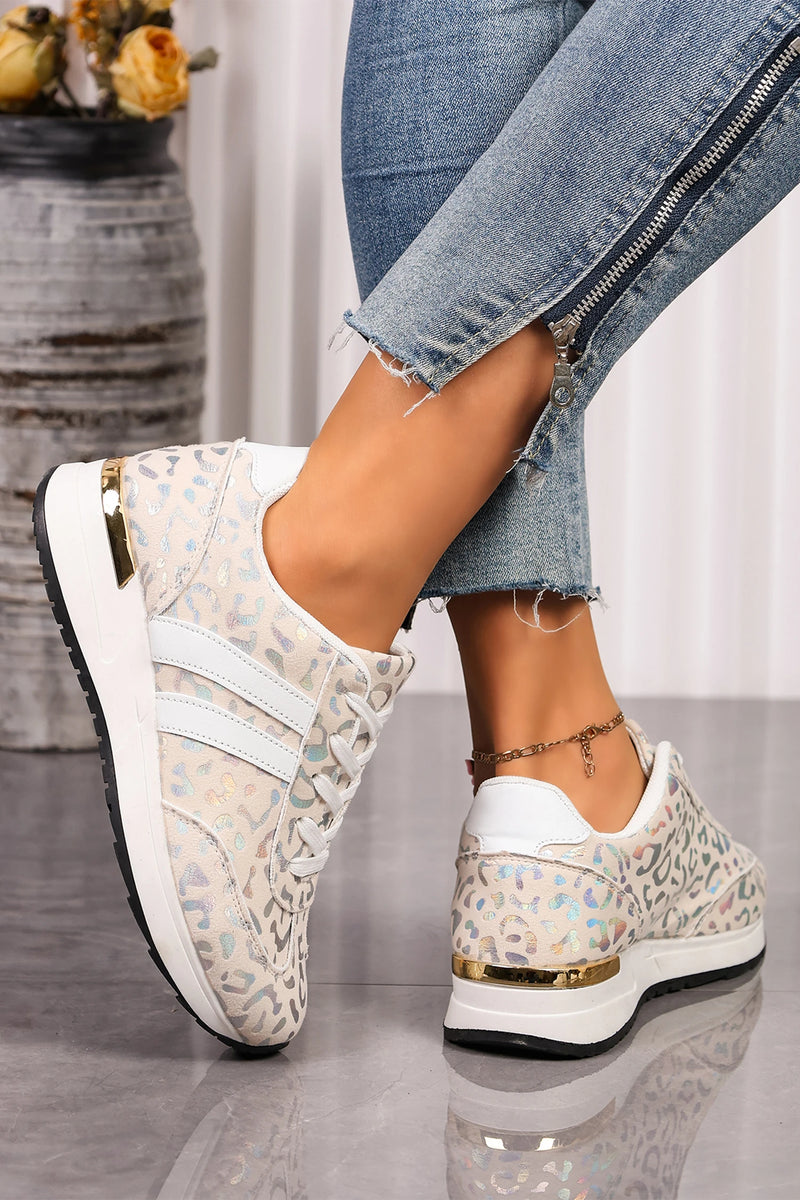 Load image into Gallery viewer, DLLSHOE 197 - White Leopard Print Lace-Up Low-Top Sneakers with Rubber Sole
