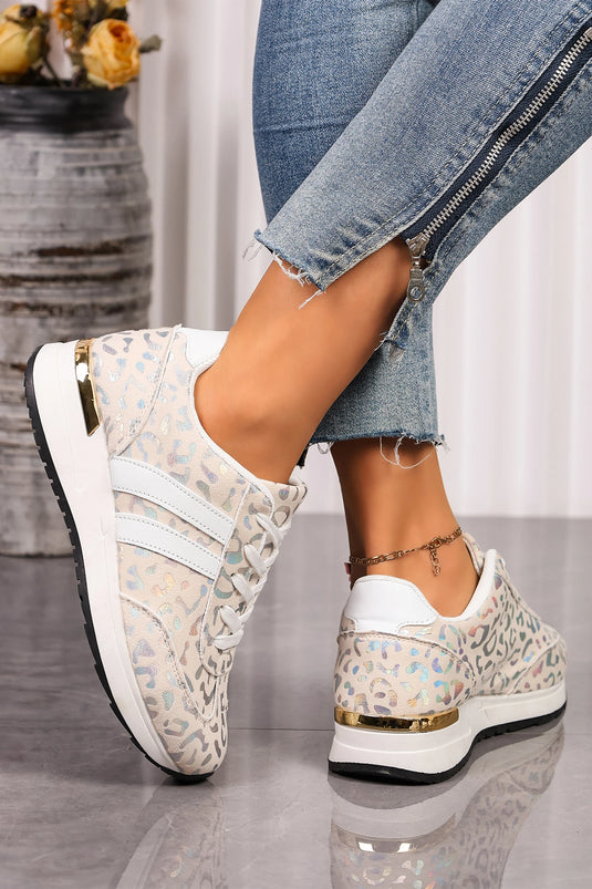 DLLSHOE 197 - White Leopard Print Lace-Up Low-Top Sneakers with Rubber Sole