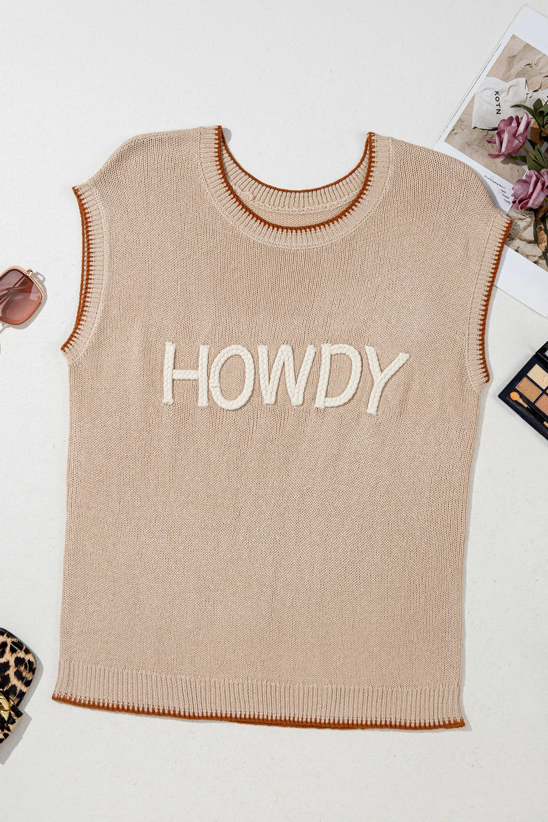 Load image into Gallery viewer, DLLS713 - Ladies Parchment Contrast Trim Short Sleeve Knit HOWDY Western Sweater

