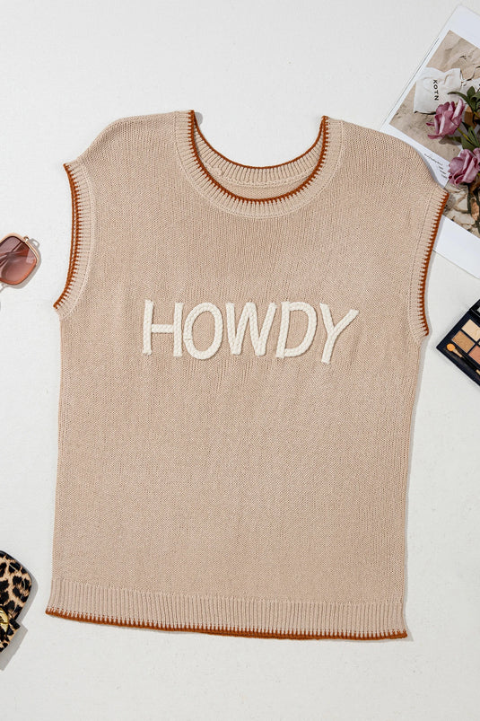 DLLS713 - Ladies Parchment Contrast Trim Short Sleeve Knit HOWDY Western Sweater