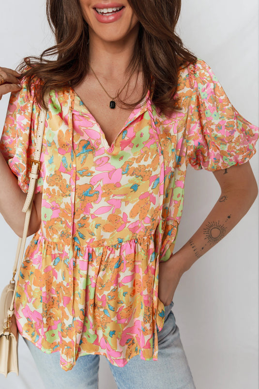 DLLS365 - Ladies Orange Split V Neck Short Sleeve Flower Blouse