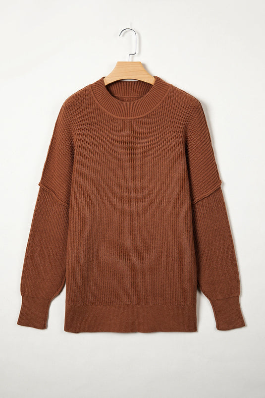 DLLS737 - Ladies Chestnut Long Sleeve Ribbed Knit Stand Neck Regular Fit Sweater
