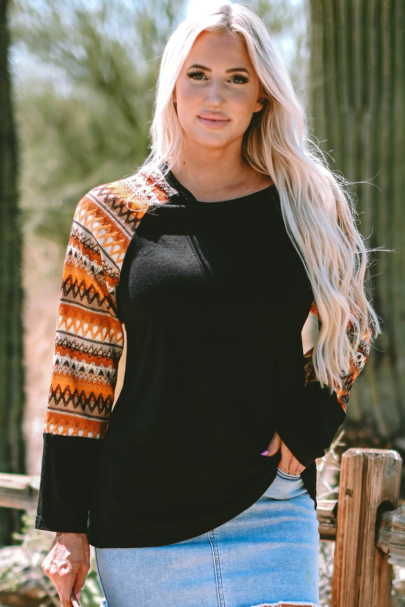 Load image into Gallery viewer, DLLS744 - Ladies Orange Geo Print Raglan Patchwork Long Sleeve Tee
