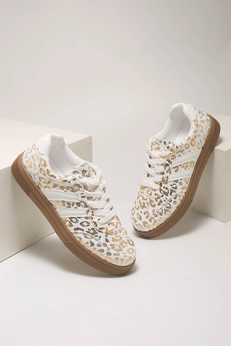 Load image into Gallery viewer, DLLSHOE 91 - Gold Metallic Leopard Print Lace Up Flat Shoes
