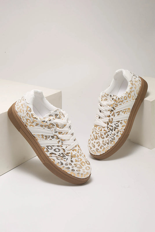 DLLSHOE 91 - Gold Metallic Leopard Print Lace Up Flat Shoes