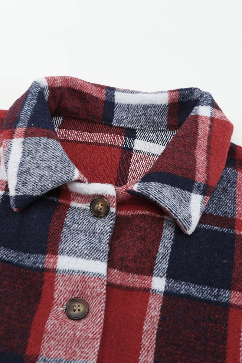 Load image into Gallery viewer, DLLS261 - Ladies Fiery Red Plaid Print Buttoned Shirt Jacket

