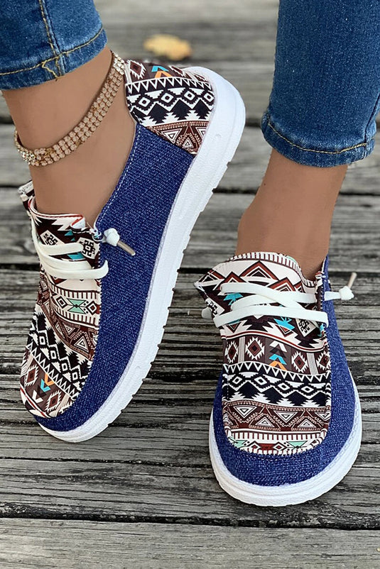DLLSHOE 139 - Ashleigh Blue Vintage Aztec Patchwork Lace-up Decor Flat Shoes